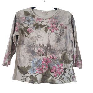 Christopher & Banks Womens Paris Floral‎ Shirt Size L 3/4 Sleeve Vintage 90s Y2K